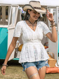 Lace V-Neck Short Sleeve Top - Trendsi - Flyclothing LLC