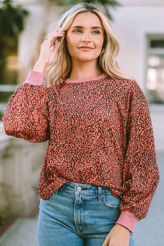 Leopard Round Neck Long Sleeve Sweatshirt - Trendsi - Flyclothing LLC