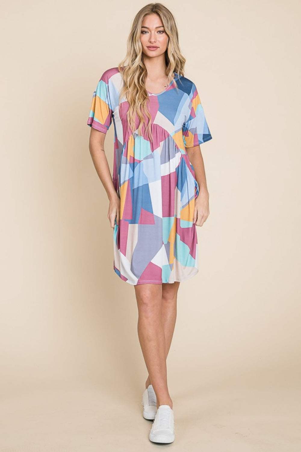 BOMBOM Ruched Color Block Short Sleeve Dress - Trendsi - Flyclothing LLC
