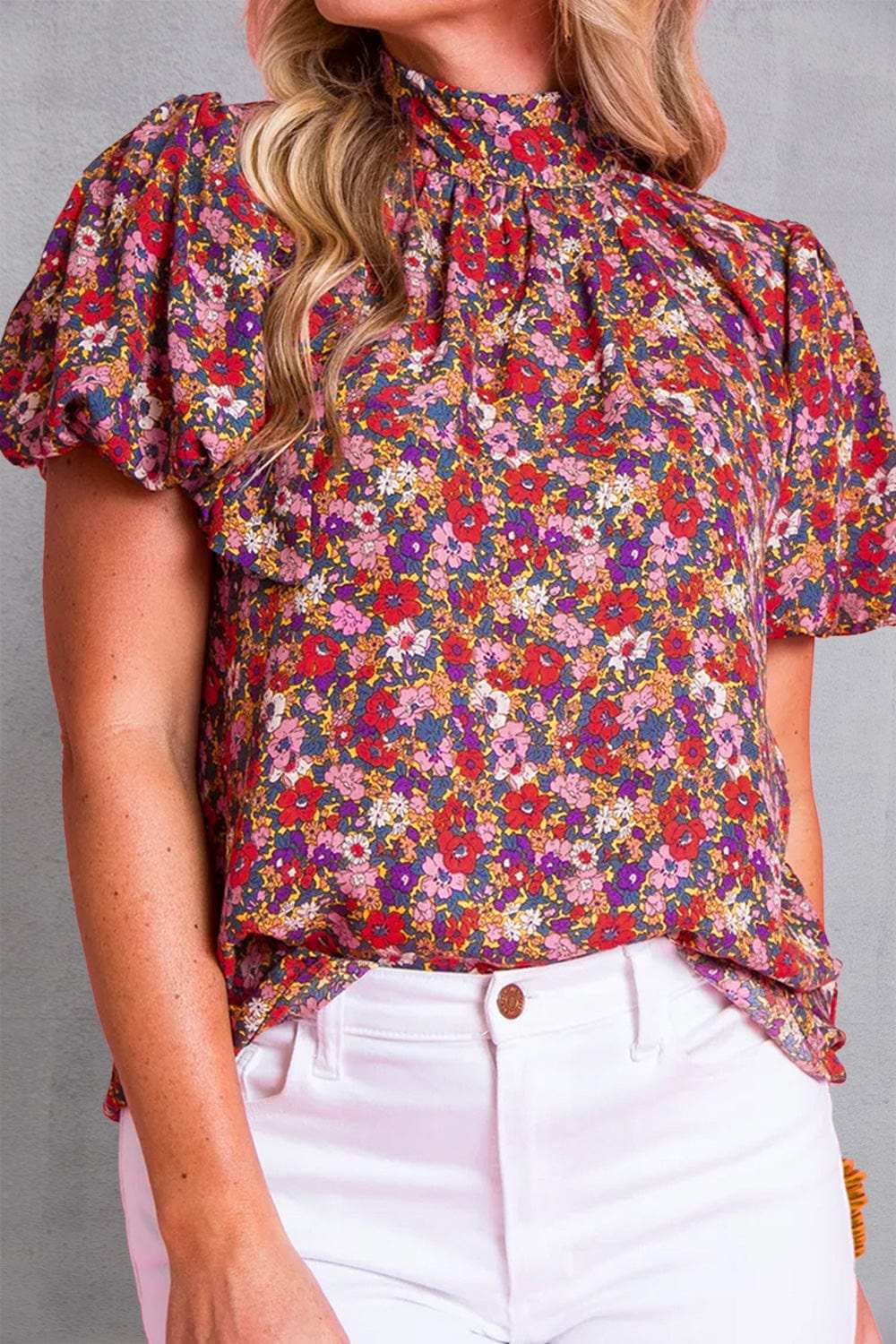 Printed Mock Neck Short Sleeve Blouse - Trendsi - Flyclothing LLC