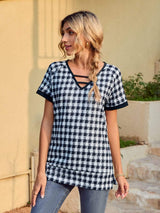 Houndstooth V-Neck Short Sleeve T-Shirt - Trendsi - Flyclothing LLC