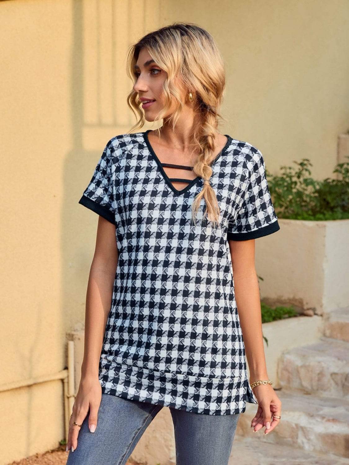 Houndstooth V-Neck Short Sleeve T-Shirt - Trendsi - Flyclothing LLC