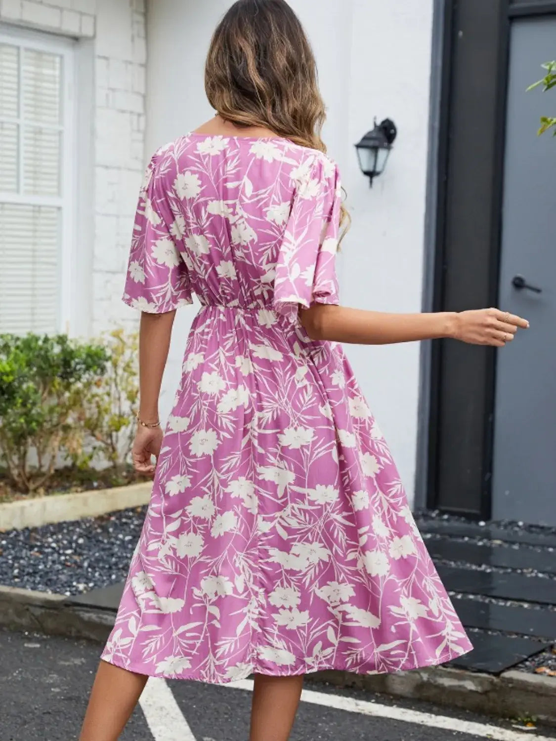 Printed V-Neck Flutter Sleeve Dress - Trendsi - Flyclothing LLC