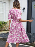 Printed V-Neck Flutter Sleeve Dress - Trendsi