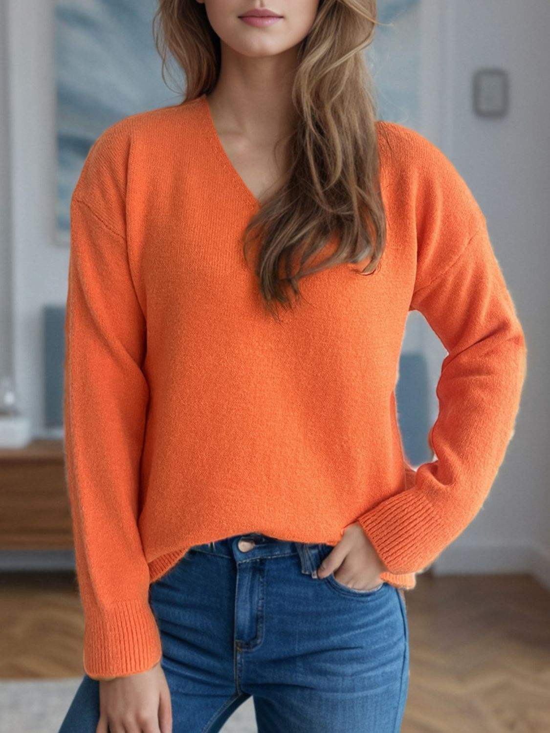 V-Neck Dropped Shoulder Long Sleeve Sweater - Trendsi - Flyclothing LLC