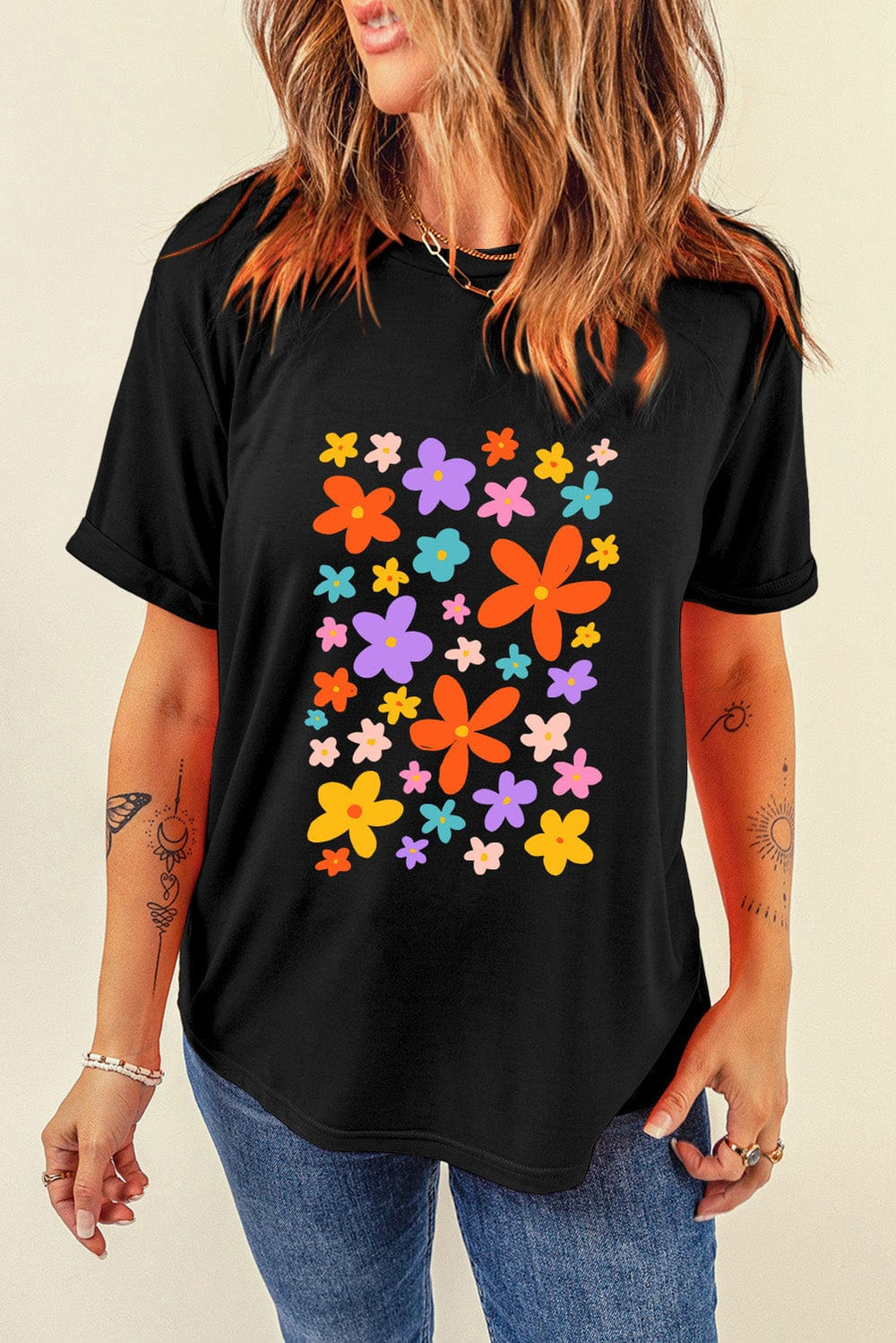 Flower Graphic Round Neck Short Sleeve T-Shirt - Trendsi
