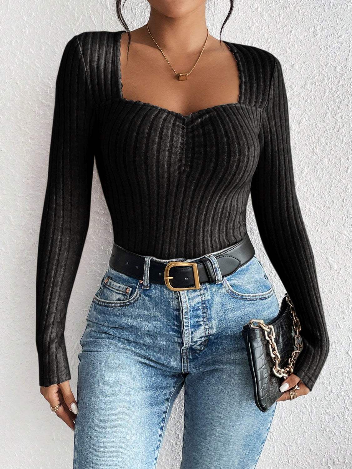 Honey Ribbed Long Sleeve T-Shirt - Trendsi - Flyclothing LLC