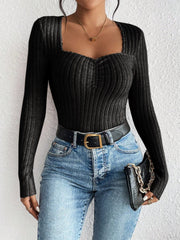 Honey Ribbed Long Sleeve T-Shirt - Trendsi
