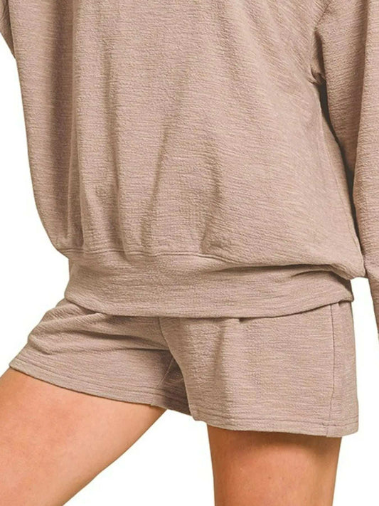 Zenana Slub Long Sleeve Top and Shorts Set - Trendsi - Flyclothing LLC