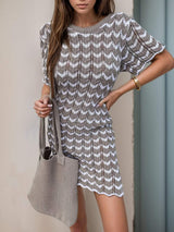 Chevron Round Neck Short Sleeve Knit Dress - Trendsi - Flyclothing LLC