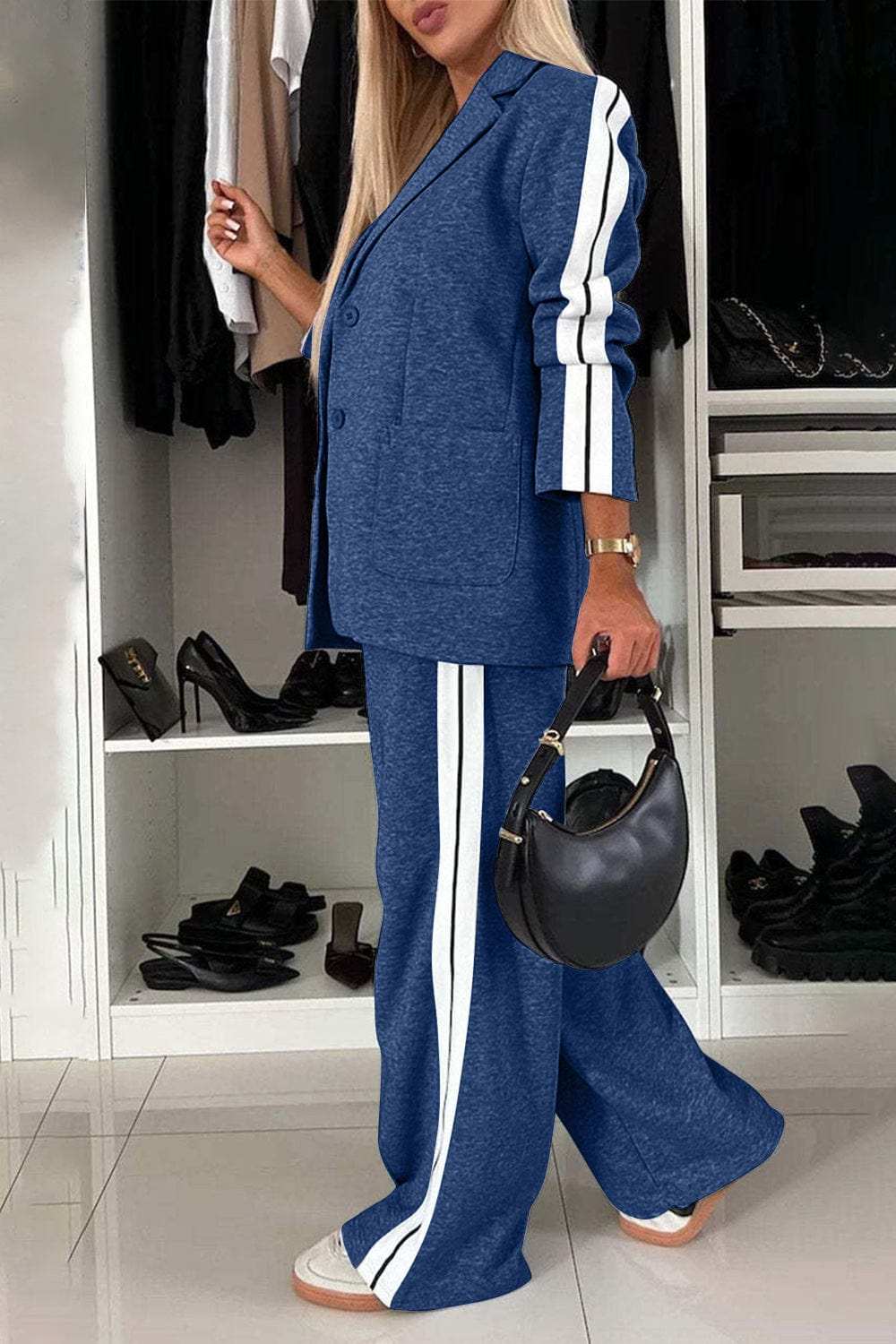 Full Size Contrast Lapel Collar Top and Pants Set - Trendsi - Flyclothing LLC