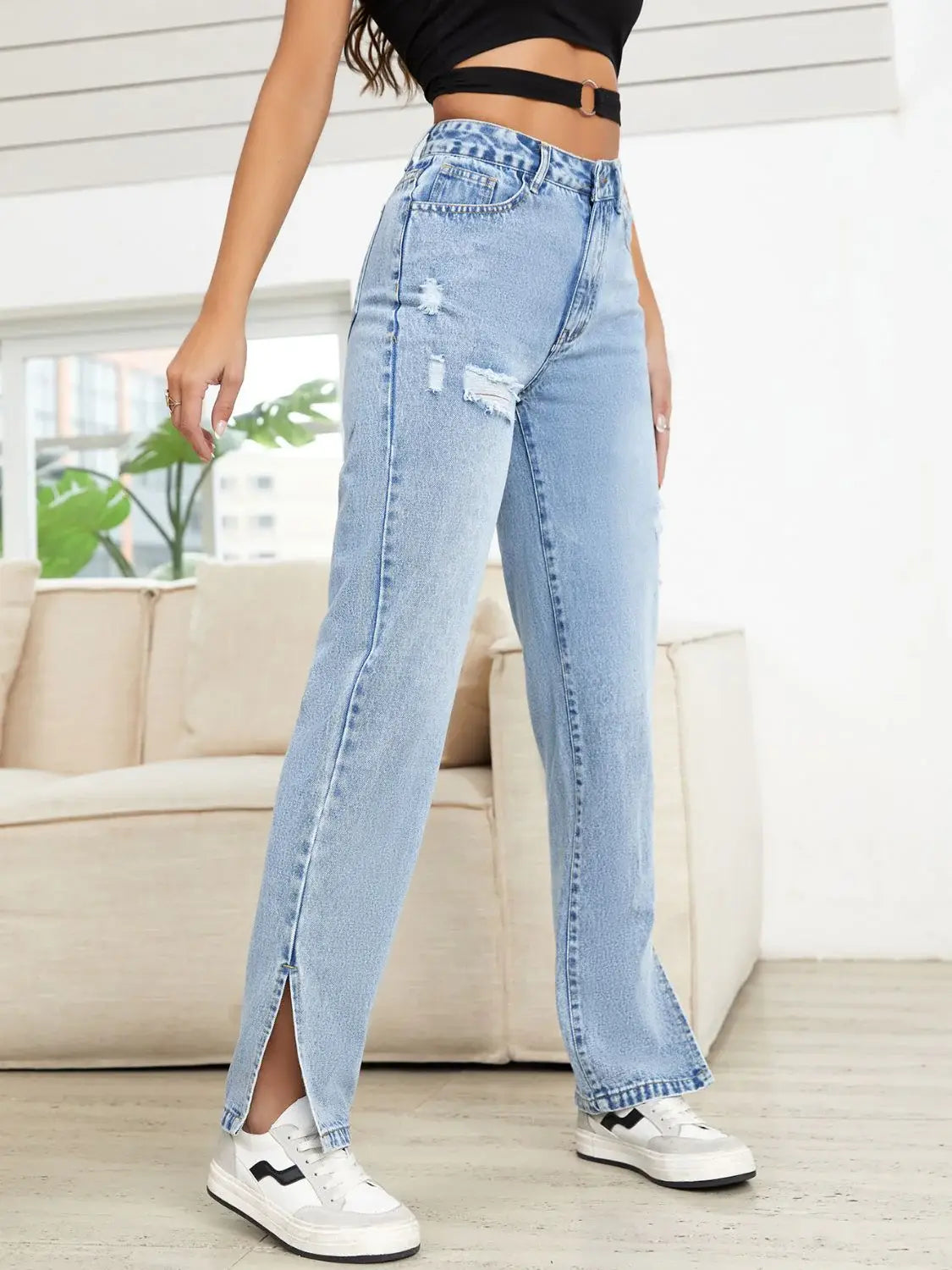 Distressed Slit Straight Leg Jeans - Trendsi - Flyclothing LLC