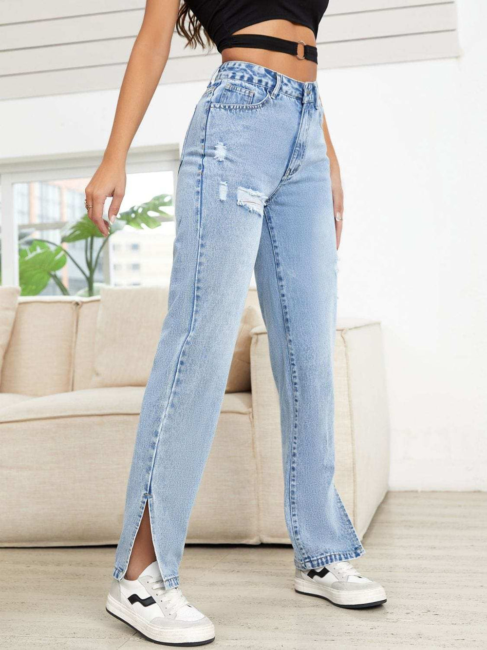 Distressed Slit Straight Leg Jeans - Trendsi - Flyclothing LLC