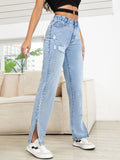 Distressed Slit Straight Leg Jeans - Trendsi