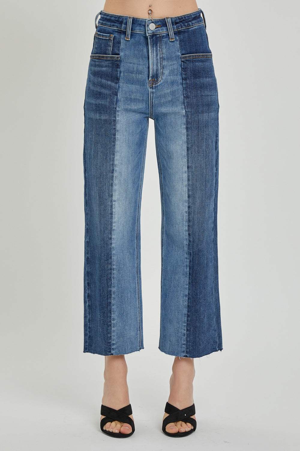 RISEN Full Size Mid-Rise Waist Two-Tones Jeans with Pockets - Trendsi - Flyclothing LLC