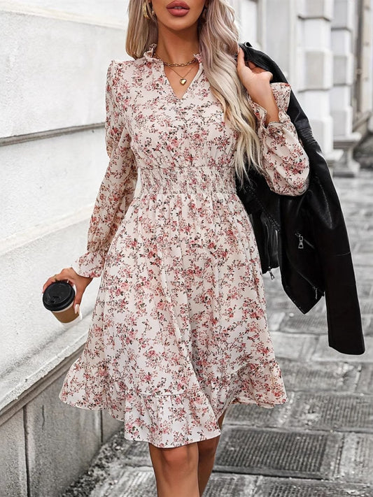 Ruffle Hem Floral Surplice Long Sleeve Dress - Trendsi