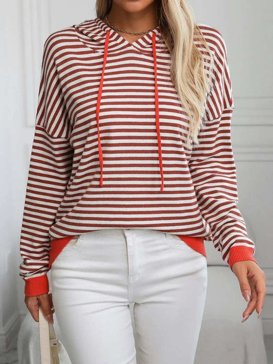 Mandy Striped Long Sleeve Hooded Knit Top - Trendsi - Flyclothing LLC