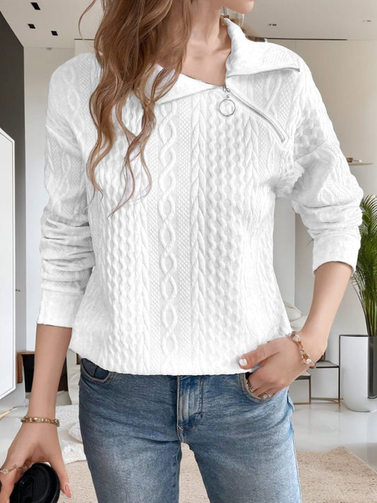 Oblique Zipper Collared Neck Long Sleeve Sweatshirt - Trendsi