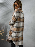 Plaid Collared Neck Long Sleeve Coat - Trendsi - Flyclothing LLC