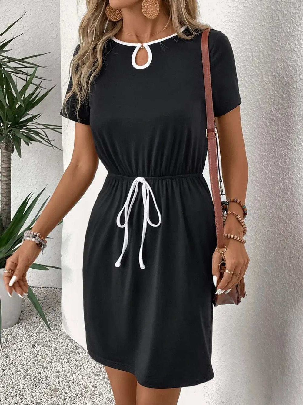 Tied Round Neck Short Sleeve Mini Dress - Trendsi - Flyclothing LLC