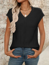 V-Neck Short Sleeve Knit Top - Trendsi - Flyclothing LLC