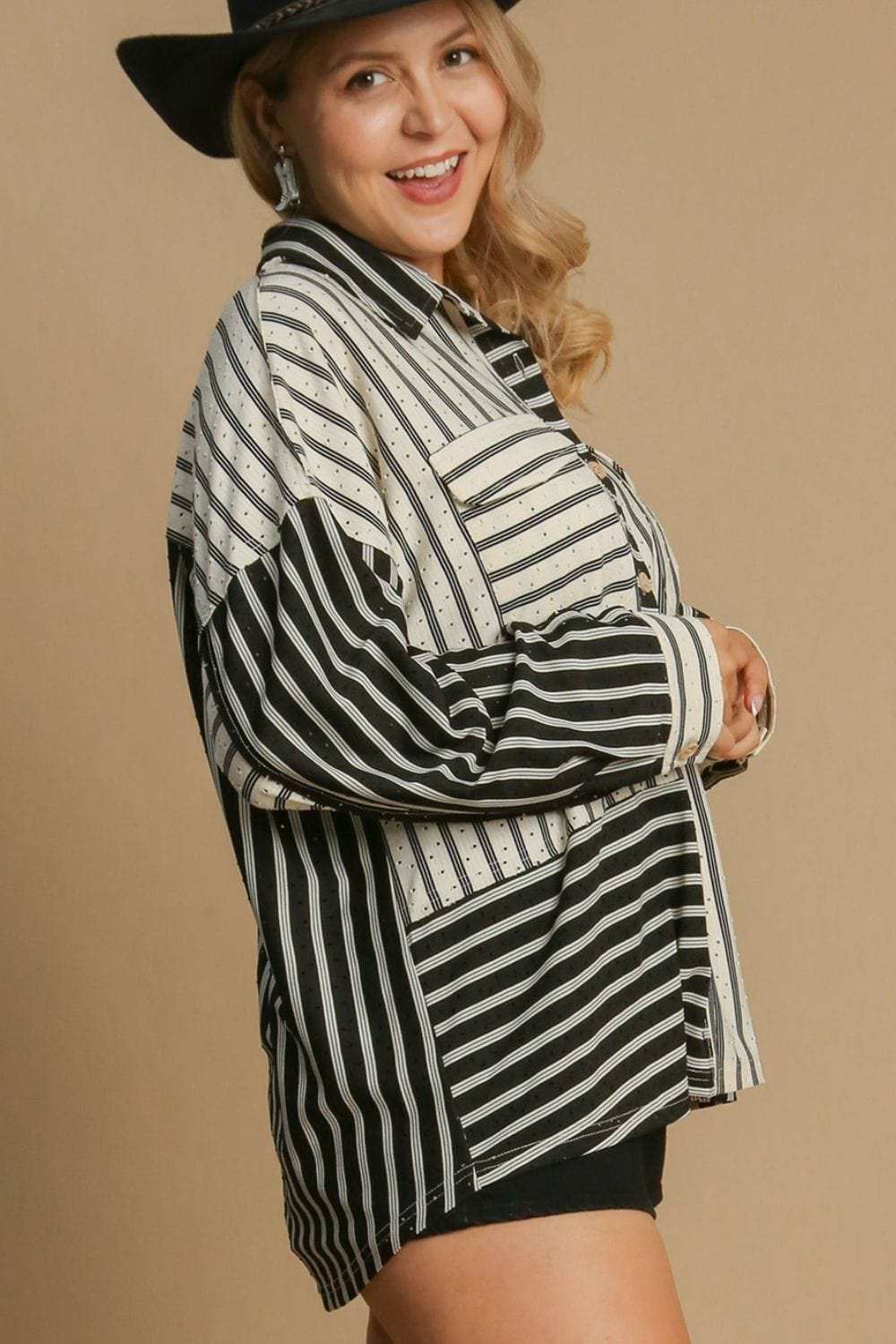 Umgee Full Size Pointelle Stripped Half Button Collared Neck Top Plus Size - Trendsi - Flyclothing LLC