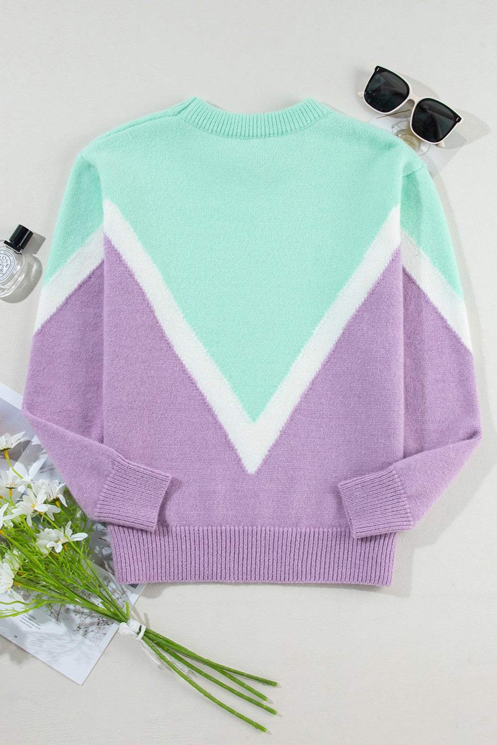 Contrast Round Neck Dropped Shoulder Sweater - Trendsi - Flyclothing LLC