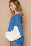POL Exposed Seam Contrast V-Neck Lantern Sleeve Sweater - Trendsi
