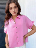 Frill Collared Neck Short Sleeve Shirt - Trendsi