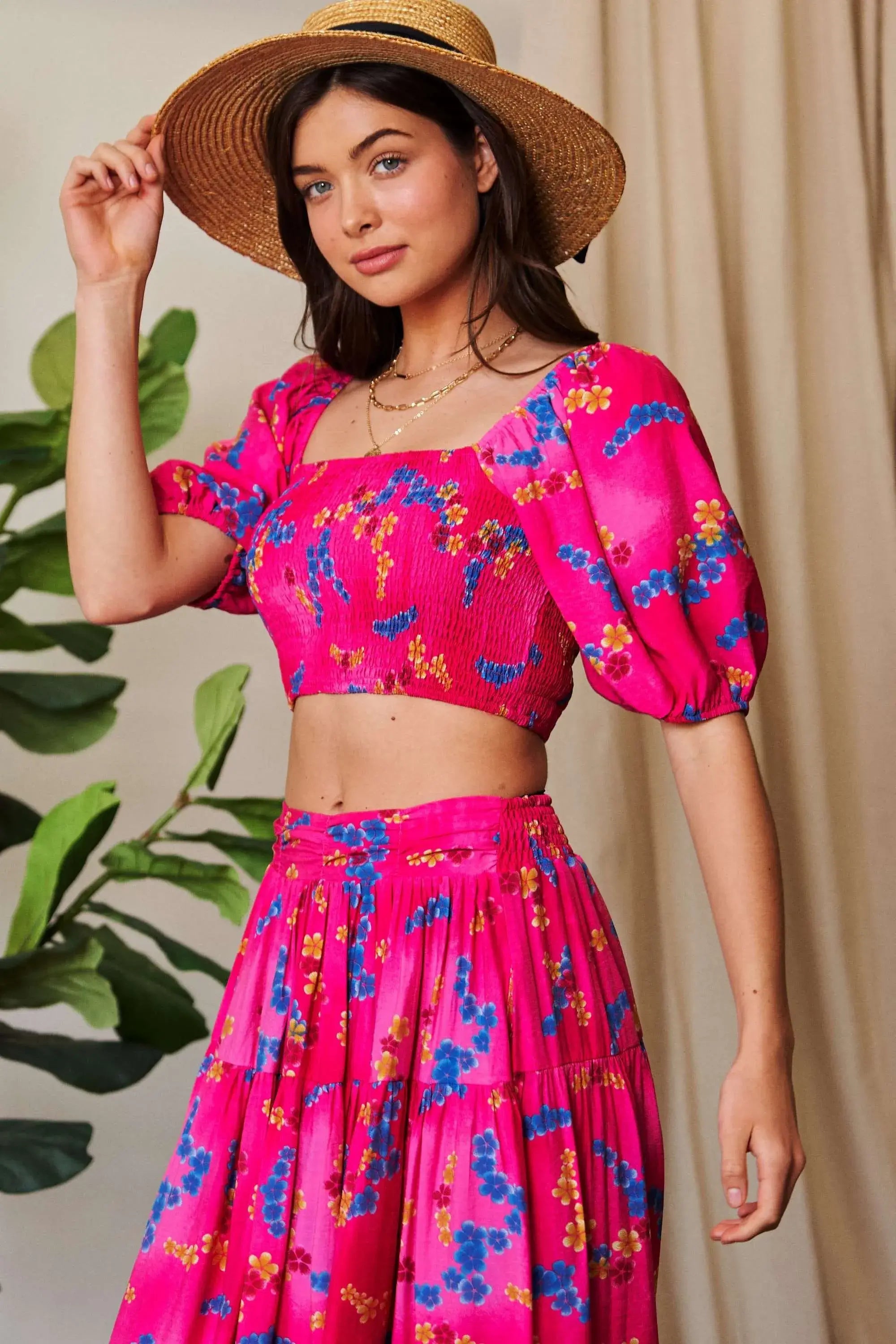 Davi & Dani Smocing Bodice Puff Short Sleeve Printed Crop Top - Trendsi - Flyclothing LLC