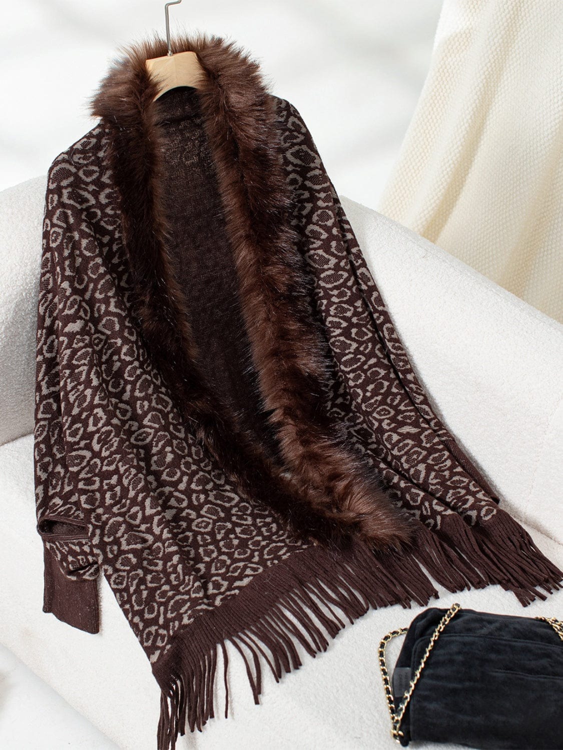 Fringe Leopard Open Front Long Sleeve Poncho - Trendsi