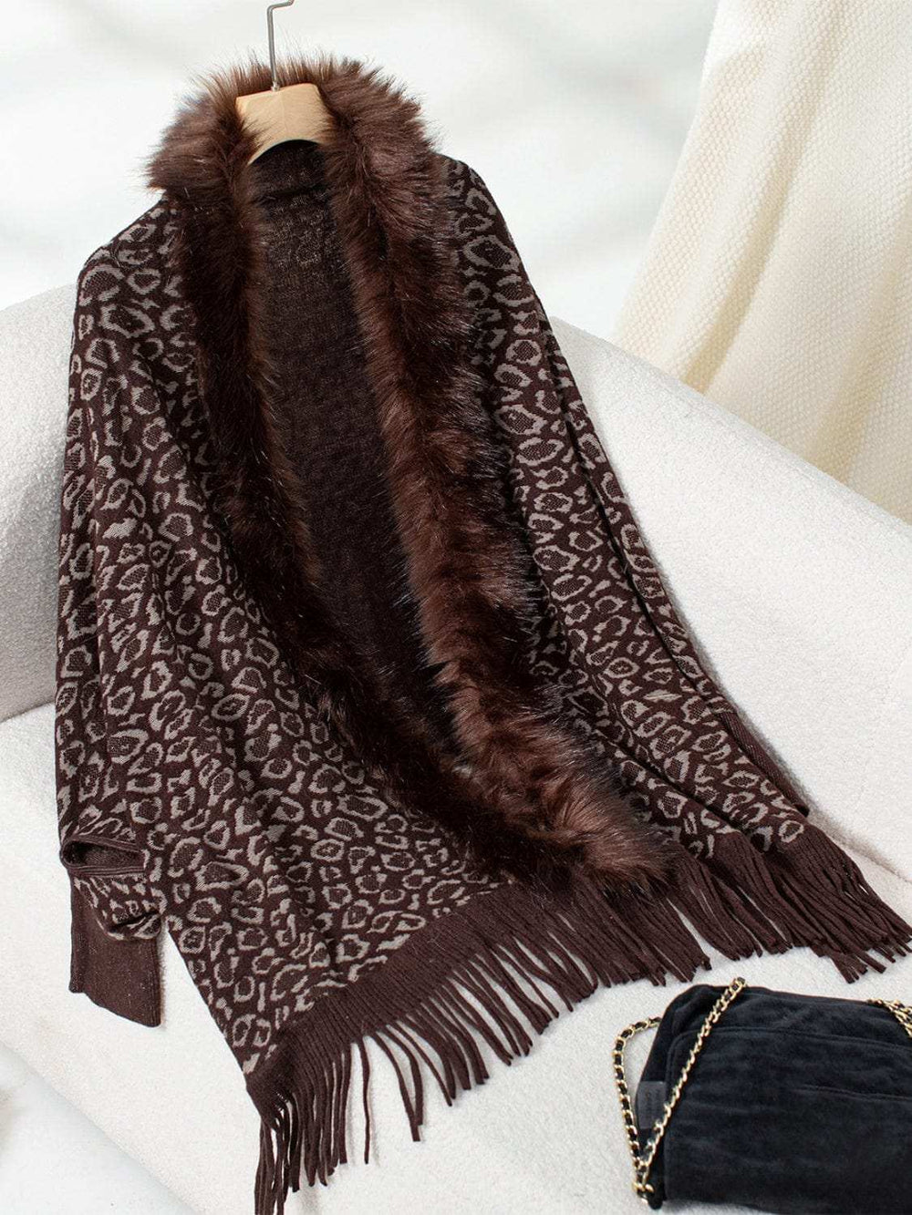Fringe Leopard Open Front Long Sleeve Poncho - Trendsi - Flyclothing LLC