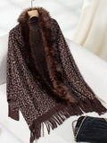 Fringe Leopard Open Front Long Sleeve Poncho - Trendsi