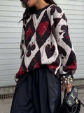 Contrast Diamond Round Neck Long Sleeve Sweater - Trendsi - Flyclothing LLC