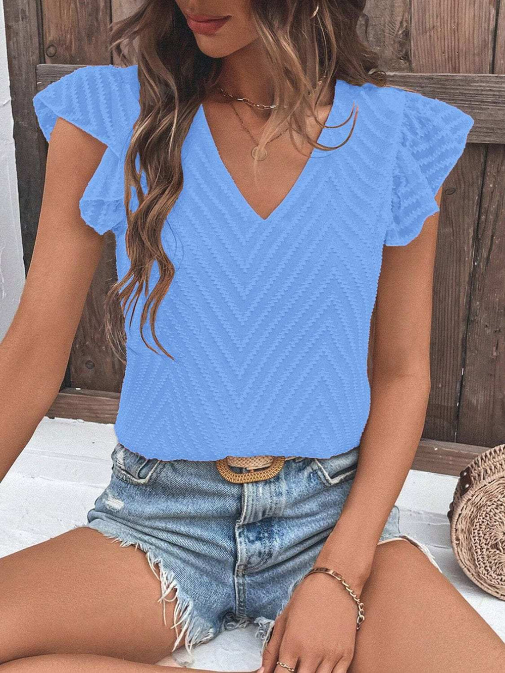 Textured V-Neck Cap Sleeve Blouse - Trendsi - Flyclothing LLC
