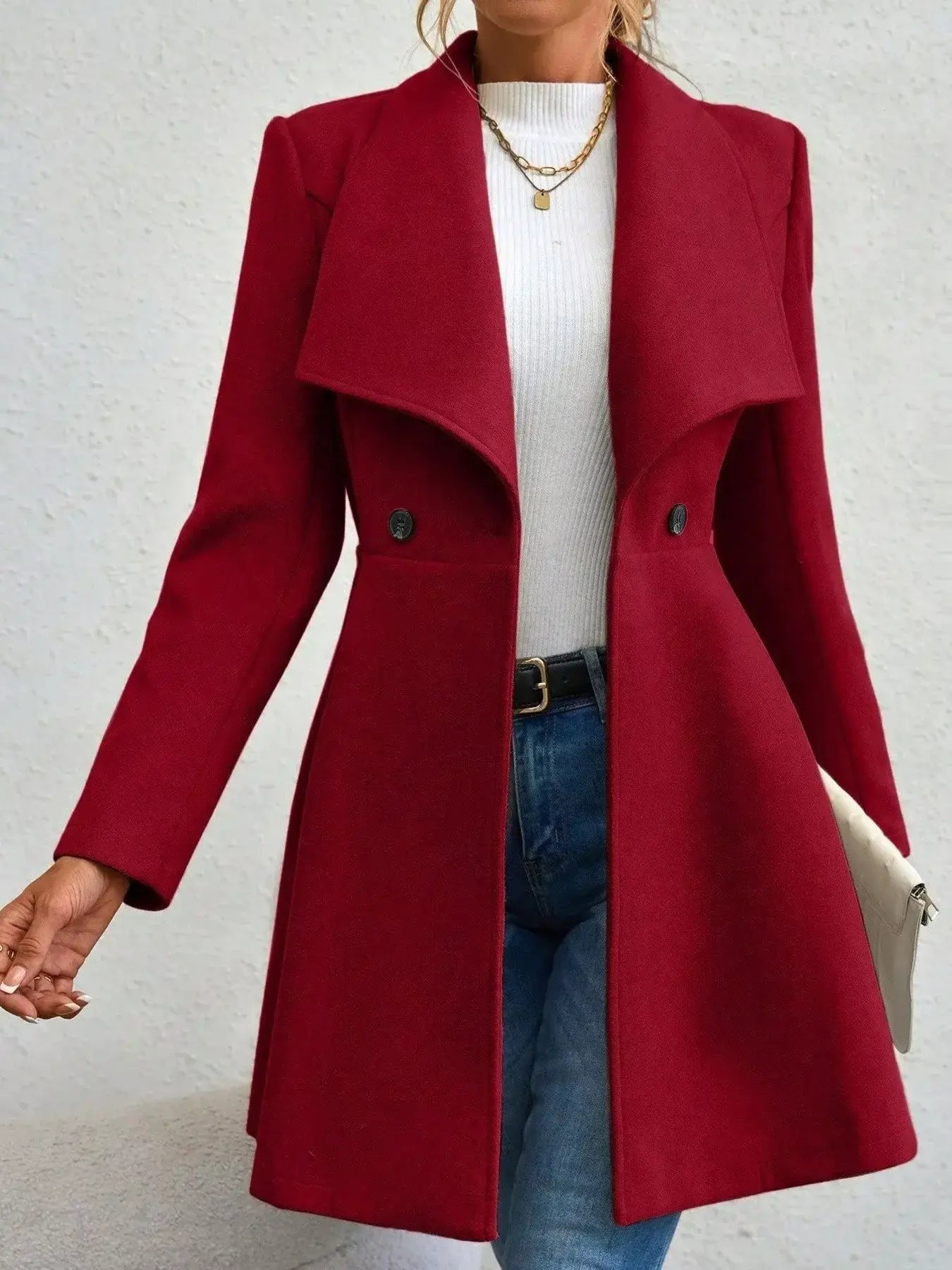 Collared Neck Double Breasted Coat - Trendsi - Flyclothing LLC