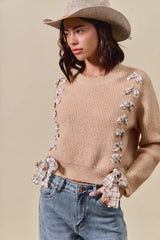 SO ME Checkered Plaid Tape Lace Up Ribbed Sweater - Trendsi - Flyclothing LLC
