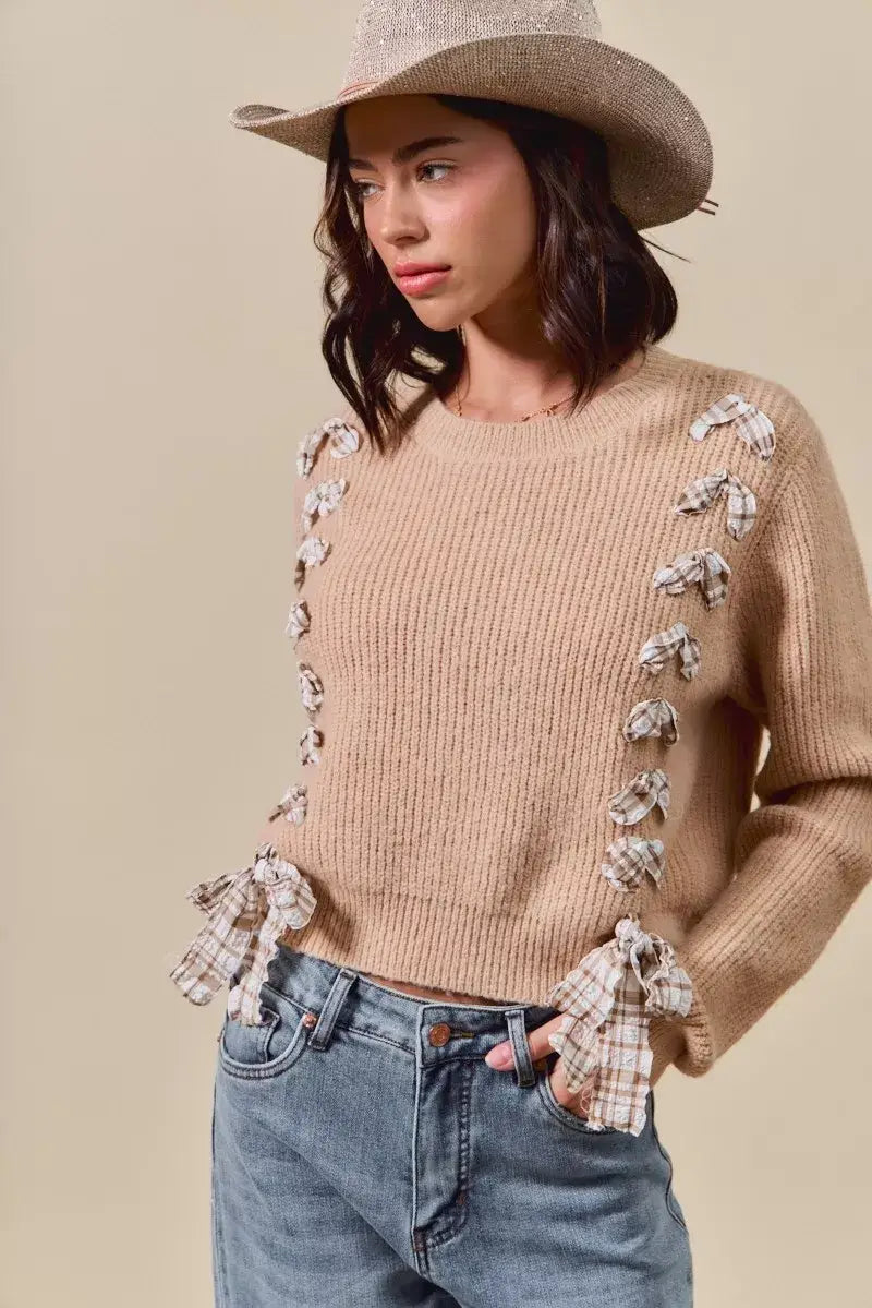SO ME Checkered Plaid Tape Lace Up Ribbed Sweater - Trendsi - Flyclothing LLC