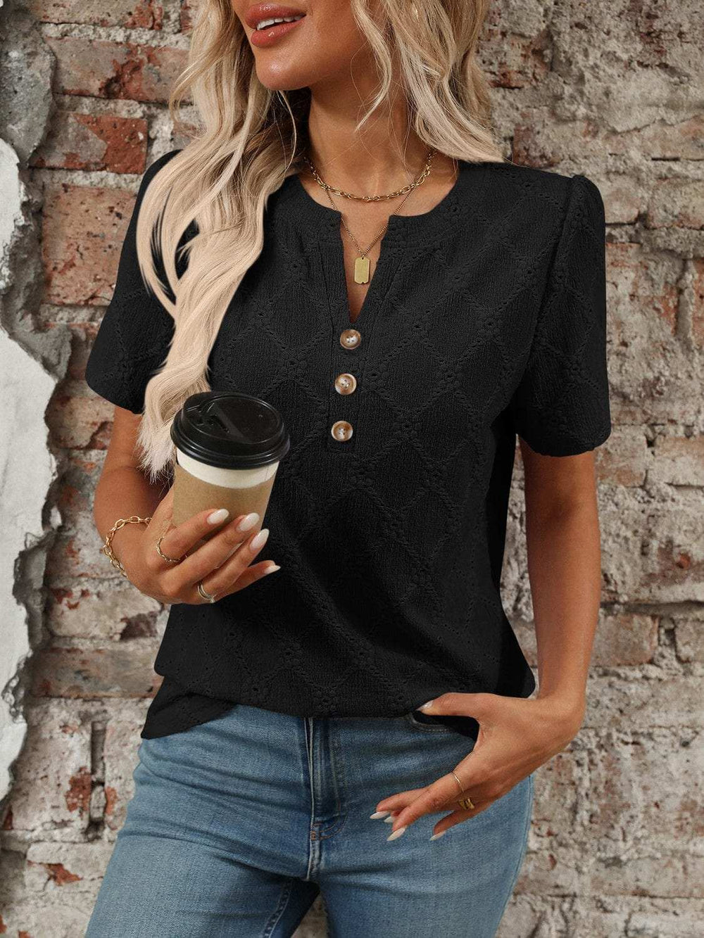 Eyelet Notched Short Sleeve Top - Trendsi - Flyclothing LLC