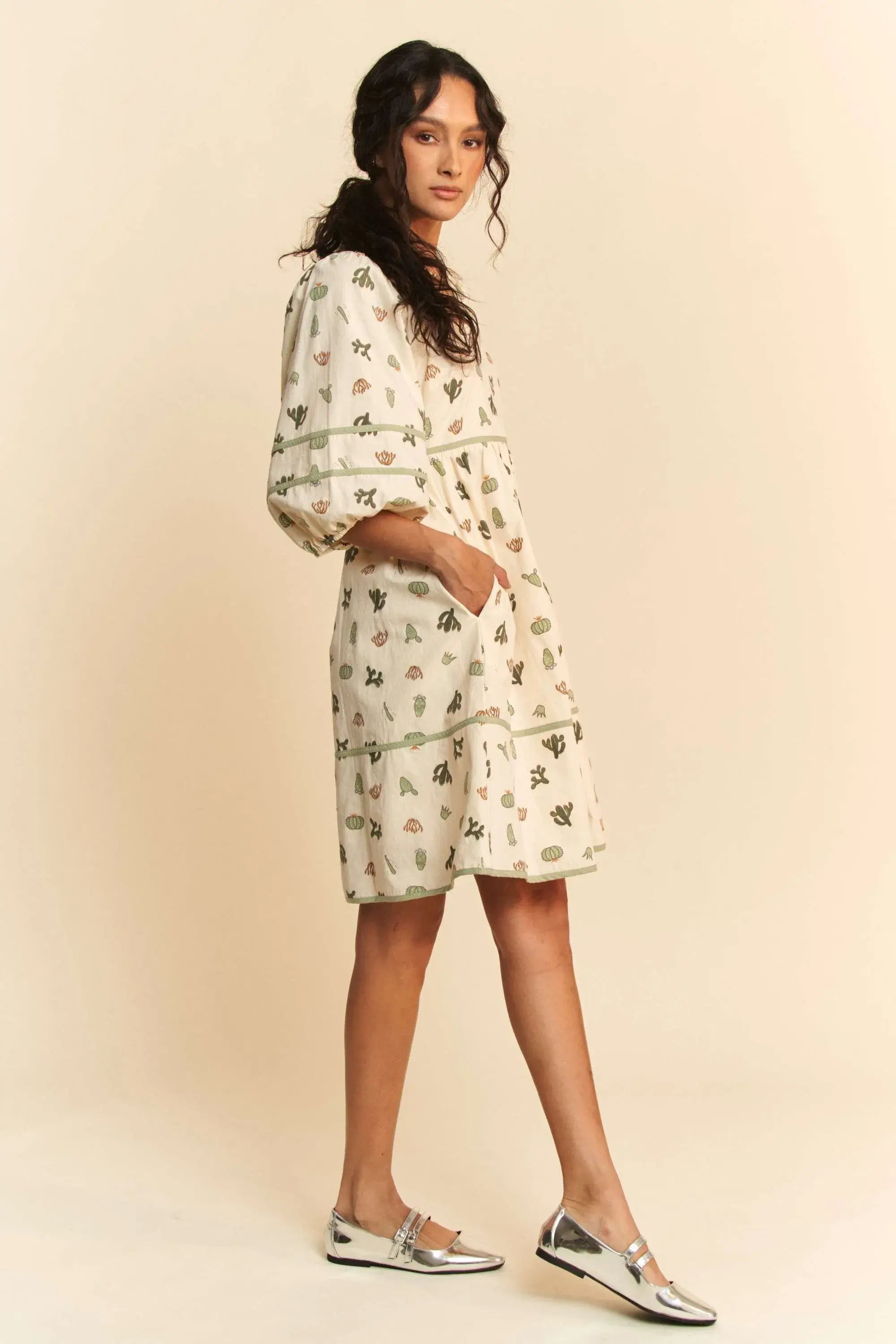 Davi & Dani Cactus Printed Poplin Contrast Piping Mini Dress - Trendsi - Flyclothing LLC