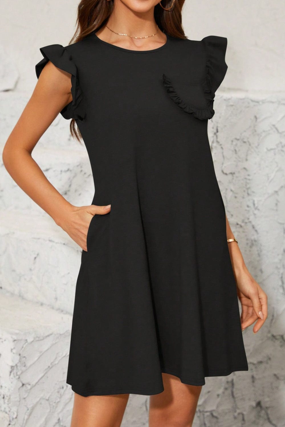 Pocketed Ruffled Cap Sleeve Mini Dress - Trendsi
