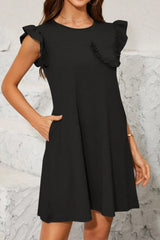 Pocketed Ruffled Cap Sleeve Mini Dress - Trendsi