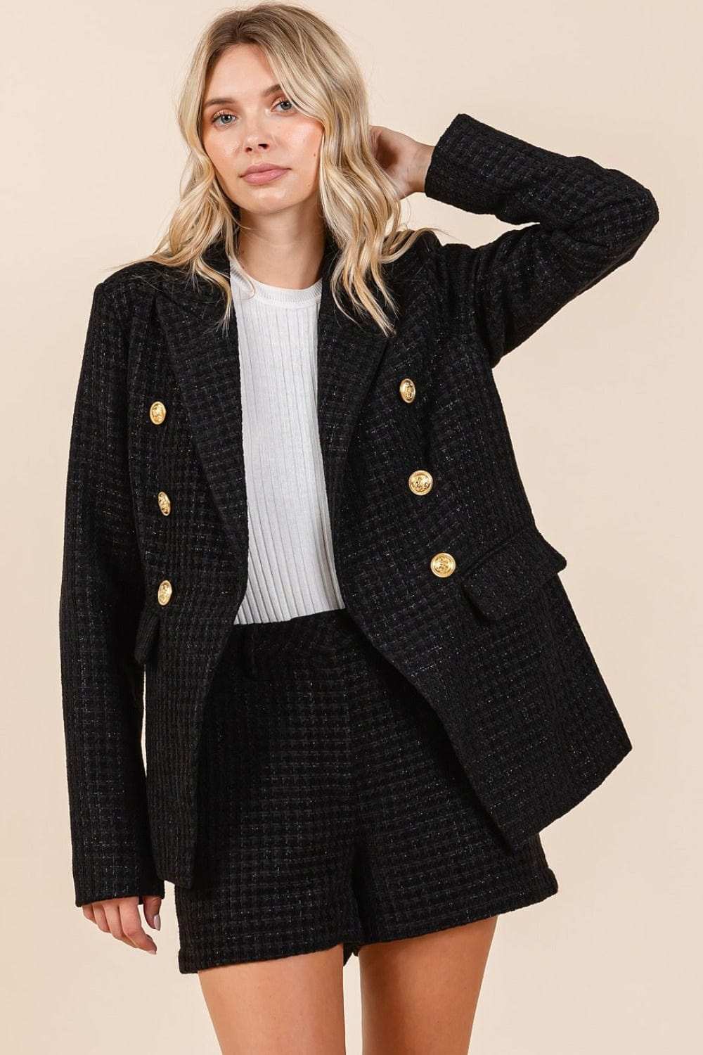 Mittoshop Plaid Texture Double-Breasted Long Sleeve Blazer - Trendsi - Flyclothing LLC