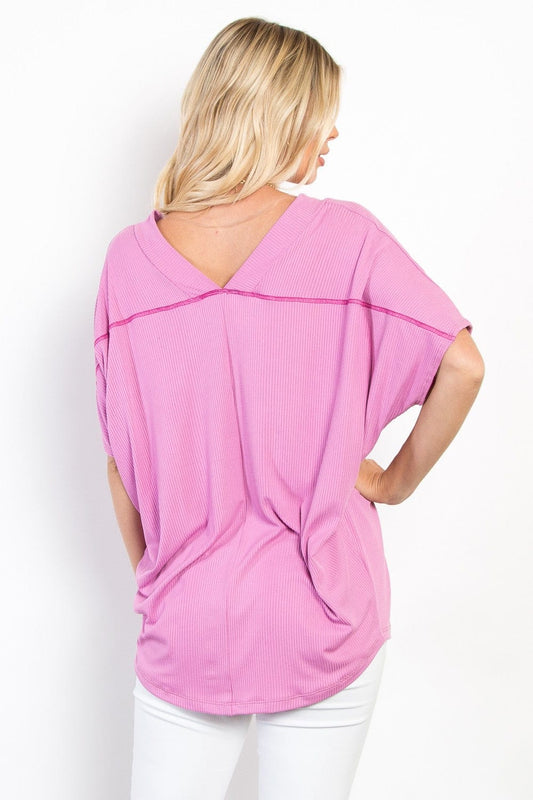 Be Stage Full Size V-Neck Short Sleeve Ribbed Top - Trendsi