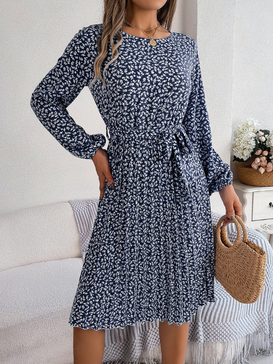 Ditsy Floral Tie Waist Pleated Dress - Trendsi