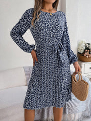 Ditsy Floral Tie Waist Pleated Dress - Trendsi