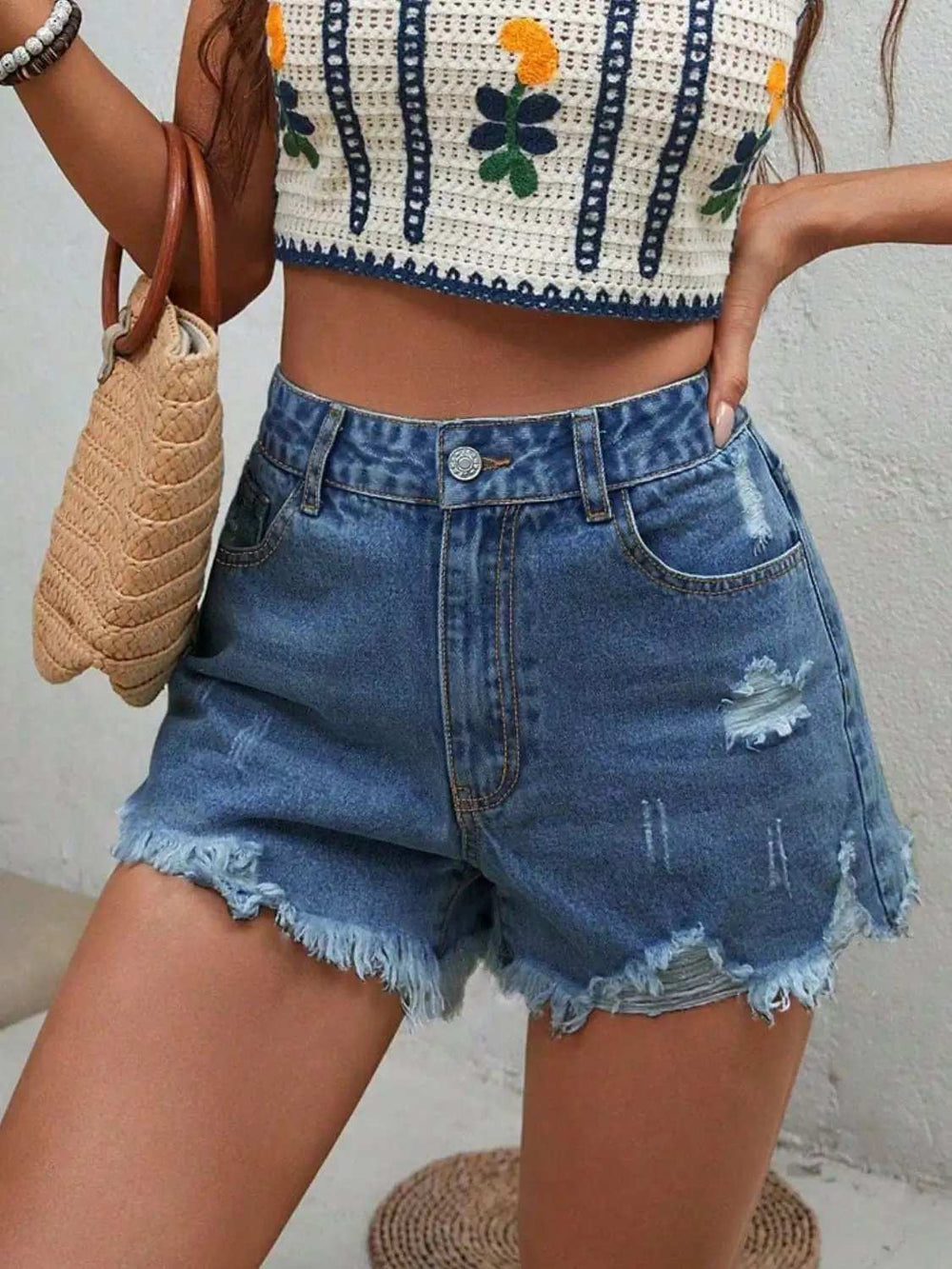 Distressed Raw Hem Denim Shorts - Trendsi - Flyclothing LLC