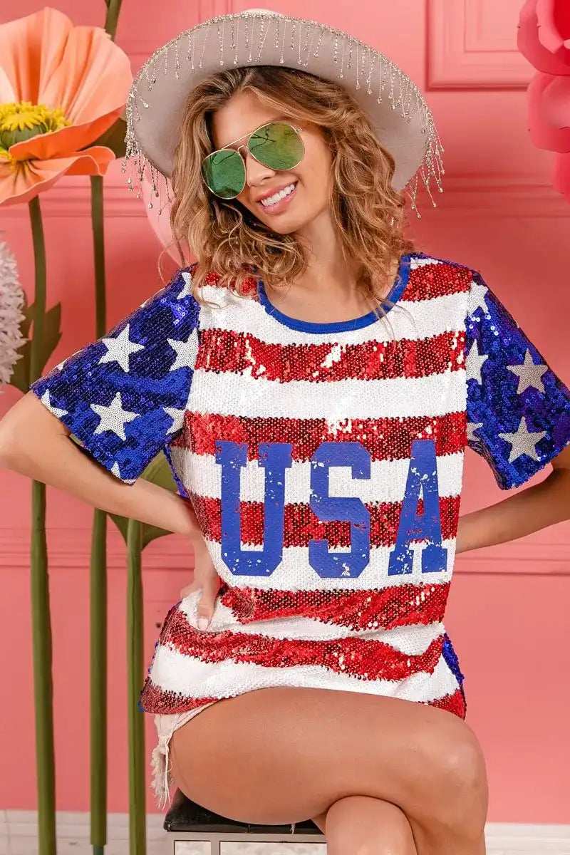 BiBi American Flag Theme USA Lettering Sequin Top - Trendsi - Flyclothing LLC