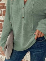 Waffle Knit Button Detail Hoodie - Trendsi - Flyclothing LLC