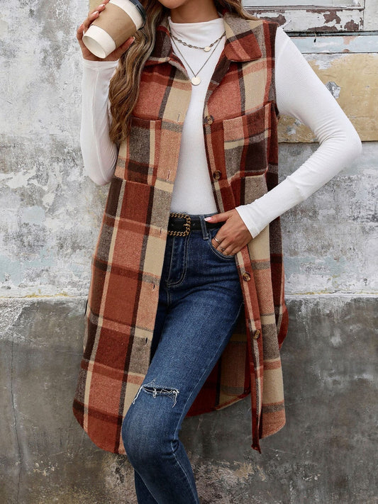 Pocketed Button Up Plaid Vest - Trendsi